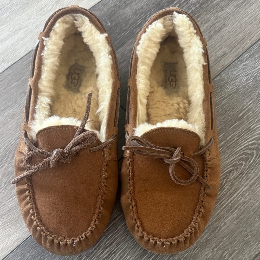 UGG Chestnut Brown Suede Shearling Moccasin Slippers